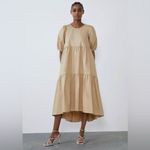 ZARA Asymmetric Puff Sleeve Tiered Cotton Poplin Midi Dress in Camel Size XS Photo 9
