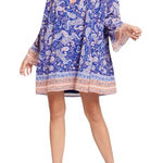 Lost + Wander Blue Paisley Tie-Neck Mini Dress Long Bell Sleeve – Size Small Photo 0