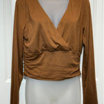 Moa Moa  Brown Beige Long Sleeve Ruched V Neck Wrap Crop Top Large Womens Photo 0