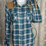 Bluecrush Plaid Long Sleeve Shirt with Corduroy Accents Blue Size L Photo 0