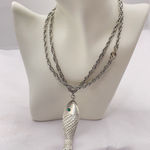 Vintage Silver Tone Fish Necklace Pendant Green Eye 31" Chain And 3" Fish B Photo 0
