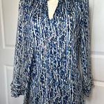 La Mer Luxe Women's Blue White Abstract‎ Print Long Sleeve Ruffle Neck Top Large Photo 0