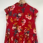 Loft Floral Printed Mini Swing Dress Red Tie Bow Neckline Pockets Womens Medium Photo 3