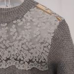 Gray Knit Embroidered Lace Sheer Long Sleeve Crew Neck Pullover Cozy Sweater Blue Photo 3