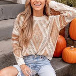 Cupshe Diamond Pattern Knit Sweater Pullover‎ Crewneck Fall Toned Cozy Photo 0