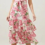 Sugar + Lips Floral Belted Tie Waist Tiered Ruffle Hem Midi Dress Pink Medium Photo 0