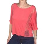 EXPRESS  Coral Pink Sheer Lace Stripe Cropped Shirt Short Sleeved Tee Medium Photo 0