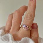 Double Heart Pink Purple Promise Ring Vintage “Jolie” Silver Triple Shank Femme Jewelry Photo 1
