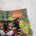 Gucci Washed Studded And Tiger Embroidered Denim Shorts in Green/Yellow Photo 7