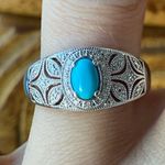 Sleeping Beauty Turquoise White Diamond Accent Art Deco Ring Size 7.75 Silver Photo 0