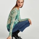 ZARA Mesh Top S Green Floral Print Ruched Long Sleeve Sheer Trendy Photo 6