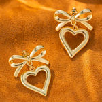 Gold Bow Heart Drop Earrings Elegant Open Heart Dangle Design NWT Photo 0