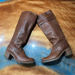 Frye Vintage Leather Tall Brown Heeled Boots Made in USA Size 8 pull on 70s boho Photo 1