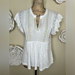 Lucky Brand Embroidered Peasant White, Blue & Yellow Babydoll Blouse Siz… Photo 2