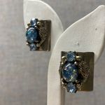 Vintage Silver Tone Blue Opal Stone Leaf Design Clip On Earrings Photo 4