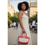 Guess Satchel Handbag Burnt Orange Canvas Leather Trim Top Handle Crossbody Bag Photo 1