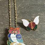 Colorful Owl Cloisonné Necklace / Brooch and Butterfly Pendant Set Red Photo 0