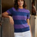 Ralph Lauren NWT Polo Striped Cable-Knit Short-Sleeve Sweater in Purple Navy XS Photo 0