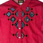 Bob Mackie Womens  Wearable Art Red Denim Western Embroidered Big Shirt Jacket L Photo 1