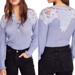Free People  Easy Breezy Henley Shirt Periwinkle Blue Appliqué Small Long Sleeve Photo 1