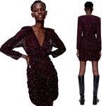 ZARA HEART PRINT Long Sleeve V-Neck Mini DRESS w/ Shoulder Pads Black/Red M NEW Photo 2