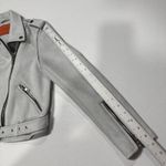 Signatures Moto Jacket Womens Size S light gray Faux Suede Cropped Belt Zippers Blue Photo 9