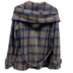 V Los Angeles Wool Blue Gray Plaid Zip Pea Coat Jacket Hooded Double Breasted L Size L Photo 4