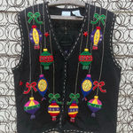 Vintage 90s Bobbie Brooks Christmas Ornaments Stars Sweater Vest Black LARGE Photo 0