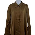 Good American  Womens Size 3/4 Button Front Blouse Brown Long Sleeve Stretch NWT Photo 0