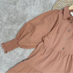 Bohme  Makayla Mini Dress Smocked Balloon Sleeve Button Ruffle Tiered in Clay S Photo 3