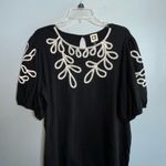 Anne Klein  Cotton Black Blouse With White Embroidery Short Puffed Sleeves XL Photo 1