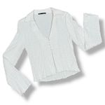 ZARA Textured Scrunch Satin Split Bottom Button Up Shirt White Medium Crop Open Photo 12