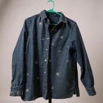 Womens Denim Long‎ Sleeve Shirt Snowflake Embroidery Blue Button Down Casual Top Size L Photo 0