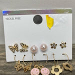 Gold Butterfly Flower Pearl Pink Smiley Hoop & Stud Earrings Set Gold Photo 0