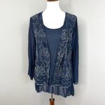 Belle France Blue Long Sleeve Silk Blouse Silver Embroidered Tunic Top Small Photo 3