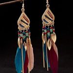 Long Bohemian Feather Chain Earrings Gold Photo 13