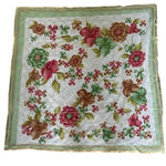 Turkish Silk Scarf 36x36 Floral Glossy‎ Red, Green, Tan, Gold, White Lightweight Green Photo 0