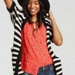 CAbi Whistle Cardigan Sweater Womens Size XXS Black White Striped Short Sleeve Photo 1