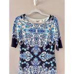 Eliza J  Paisley Dress Size 2 Navy White Porcelain Shift Boat Neck 2/4 Sleeve Photo 5