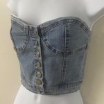 VINTAGE DENIM BUSTIER WITH BUTTON FRONT AND SHEERING IN BACK TO LOOK SNATCHED IN Blue Photo 2