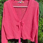 C&C California  100% Cotton Pink Open Knit Crochet Tie Front Cardigan Size Large Photo 0