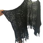 Bear Dance  Black Shawl Look Open Front Fringed Cardigan Crochet Knit Coverups M Photo 5