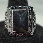 Source Unknown Avant Garde Etched Lotus Flower Silver Tone Band Black Glass Stone Size 13 Ring Photo 0