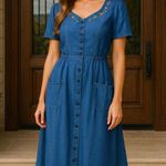 Erika Vintage Denim Maxi Dress Floral Embroidery Cottagecore V Neck Prairie Boho Photo 1