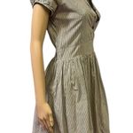 Dots Cotton Short Sleeve Bubble Hem Button Front Collared Striped Dress Small Brown Photo 3