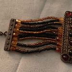 Vintage 9.25” Bracelet Multi Strand Beaded Rectangle Medallion 2” H Orange Black Gold Photo 2