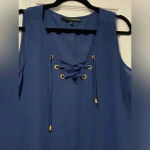 Harvé Benard Harve Benard Navy Flowy Sheer Sleeveless Blouse Gold Eyelet Lace V Neck Size L Photo 1