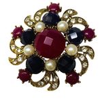 Rounded Swirl Statement Brooch Pin Vintage Faceted Stones Faux Pearl Rhinestones Photo 0