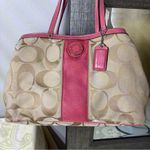 Coach  signature stripe framed carryall khaki satchel with pink leather trim Photo 2