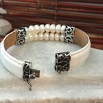Pearl & Leather Choker & Bracelet Sterling Silver White Photo 6